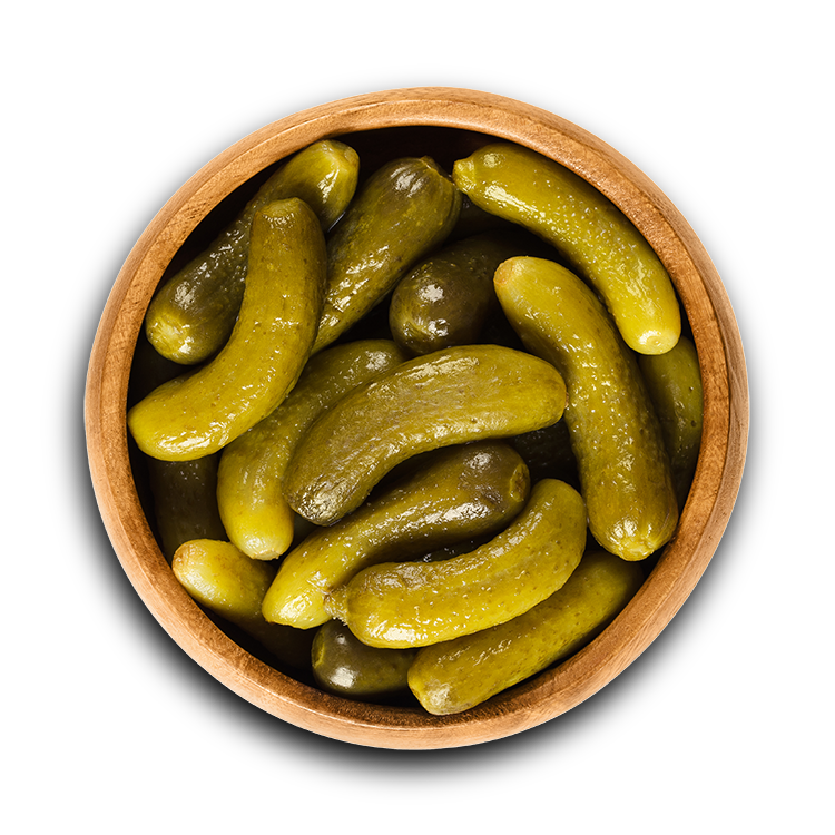 vista cenital de un plato con pepinillos pequeños